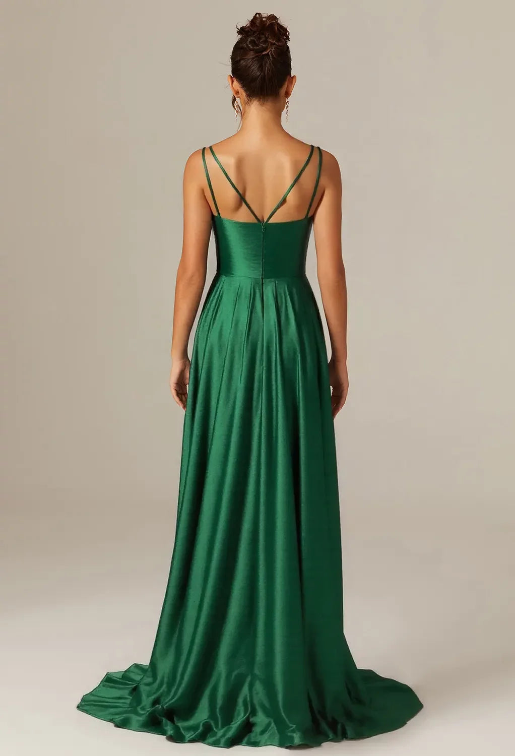 Elegant A-Line Deep V-Neck Spaghetti Strap Crisscross Back Floor-Length Satin Prom Dresses