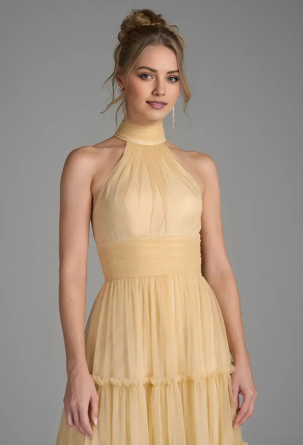 Elegant A-Line Halter Neck Sleeveless Zipper Back Floor Length Tulle Tiered Prom Dresses