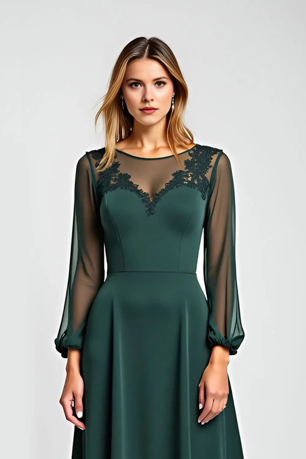 Elegant A-Line Illusion Neck Long Sleeve Lace-Back Floor-Length  Mother of the Bride Dress