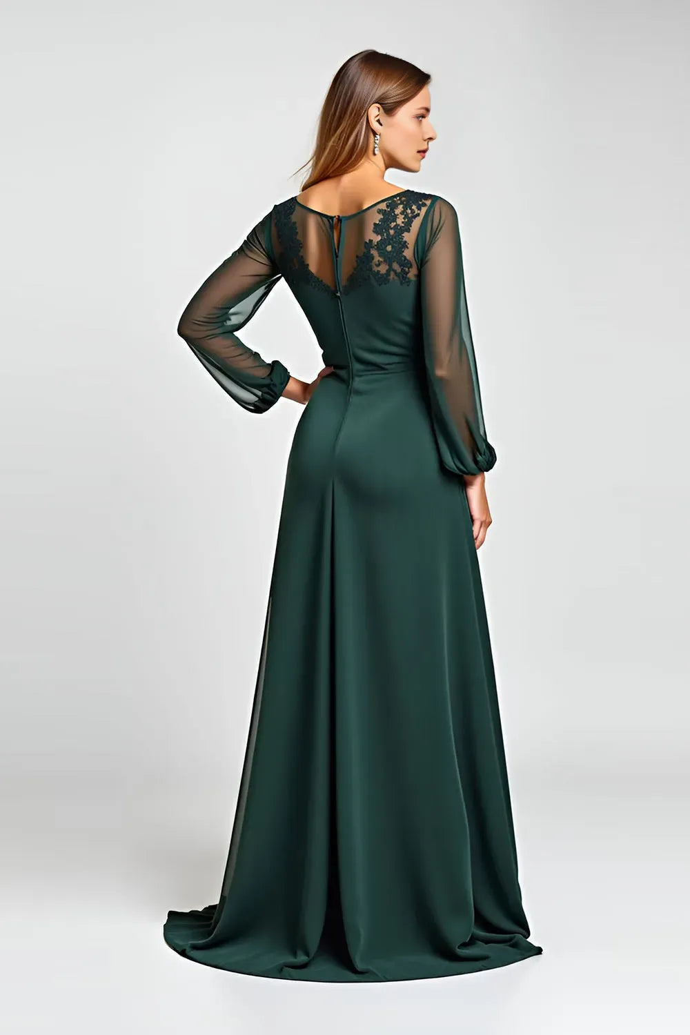 Elegant A-Line Illusion Neck Long Sleeve Lace-Back Floor-Length  Mother of the Bride Dress