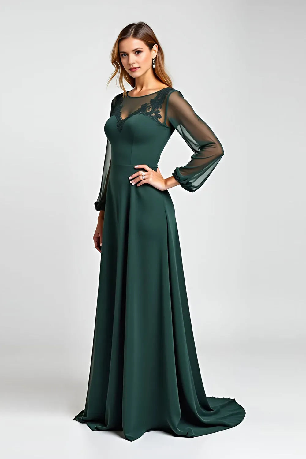 Elegant A-Line Illusion Neck Long Sleeve Lace-Back Floor-Length  Mother of the Bride Dress