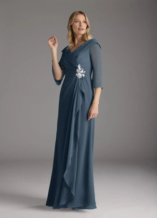 Elegant A-Line Chiffon V-Neck Appliques Three-Quarter Sleeve Back Zip Floor-Length Mother of the Bride Dress for female guests