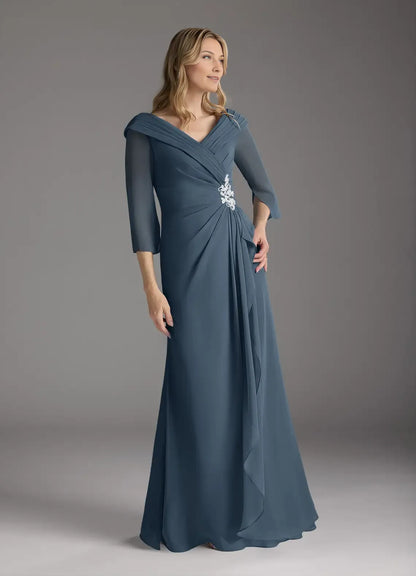 Elegant A-Line Chiffon V-Neck Appliques Three-Quarter Sleeve Back Zip Floor-Length Mother of the Bride Dress for female guests
