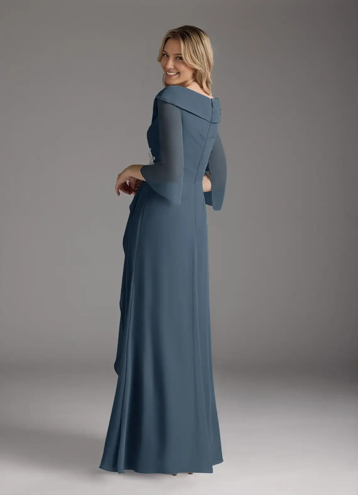 Elegant A-Line Chiffon V-Neck Appliques Three-Quarter Sleeve Back Zip Floor-Length Mother of the Bride Dress for female guests
