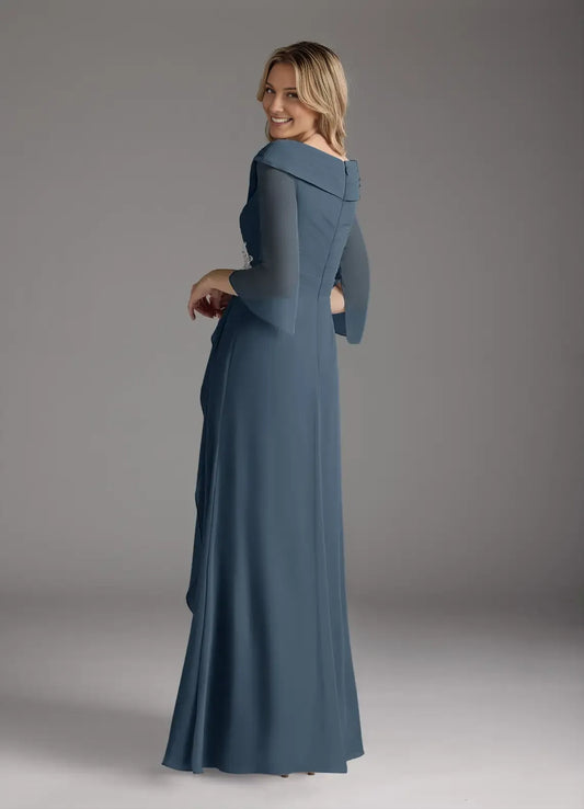 Elegant A-Line Chiffon V-Neck Appliques Three-Quarter Sleeve Back Zip Floor-Length Mother of the Bride Dress for female guests