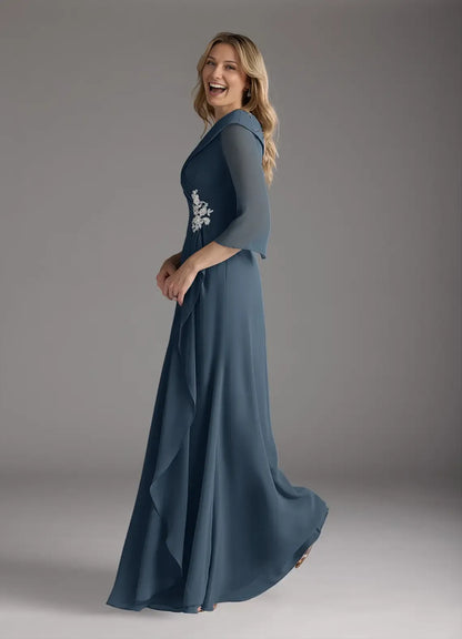 Elegant A-Line Chiffon V-Neck Appliques Three-Quarter Sleeve Back Zip Floor-Length Mother of the Bride Dress for female guests