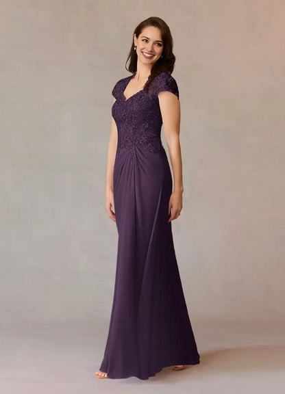 Elegant A-Line Lace Sweetheart Short Sleeve Keyhole Back Zip Floor-Length Mother of the Bride Dress for women for sale