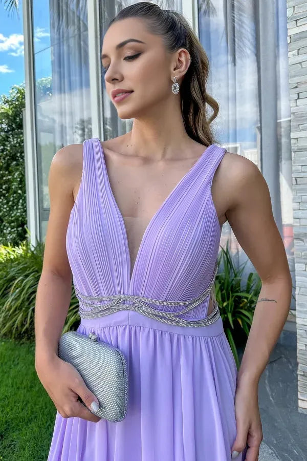 Elegant  A-Line Low V-Neck Sleeveless Crystal Beaded  Back Zip Floor-Length Side Slit Prom Dress Hot Sale