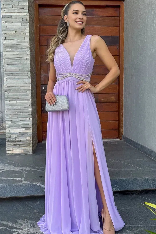 Elegant  A-Line Low V-Neck Sleeveless Crystal Beaded  Back Zip Floor-Length Side Slit Prom Dress Hot Sale