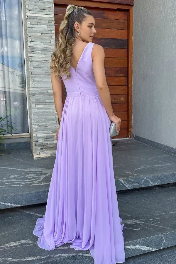 Elegant  A-Line Low V-Neck Sleeveless Crystal Beaded  Back Zip Floor-Length Side Slit Prom Dress Hot Sale