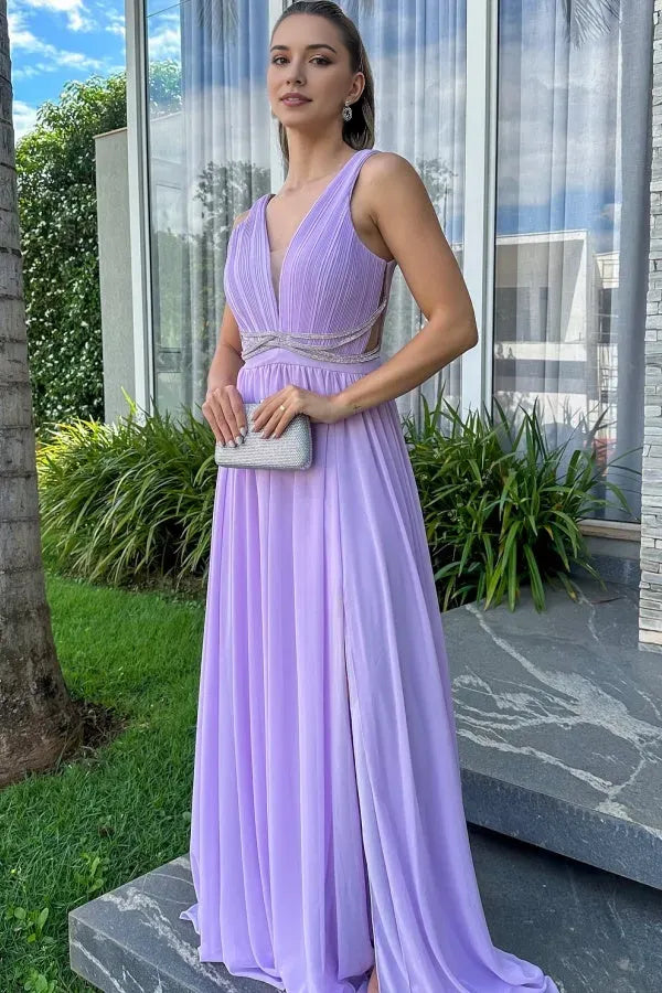 Elegant  A-Line Low V-Neck Sleeveless Crystal Beaded  Back Zip Floor-Length Side Slit Prom Dress Hot Sale