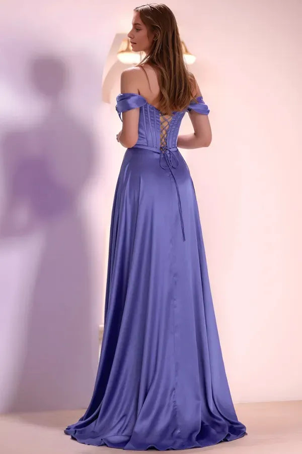 Elegant A-Line Off-Shoulder Beaded Sleeveless Lace-Up High Side Slit and Floor-Length Prom Dress