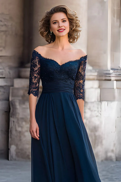 Elegant A-Line Off-Shoulder Lace Half Sleeve Back Zip Floor-Length Mother of the Bride Dress