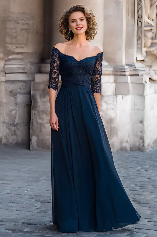 Elegant A-Line Off-Shoulder Lace Half Sleeve Back Zip Floor-Length Mother of the Bride Dress