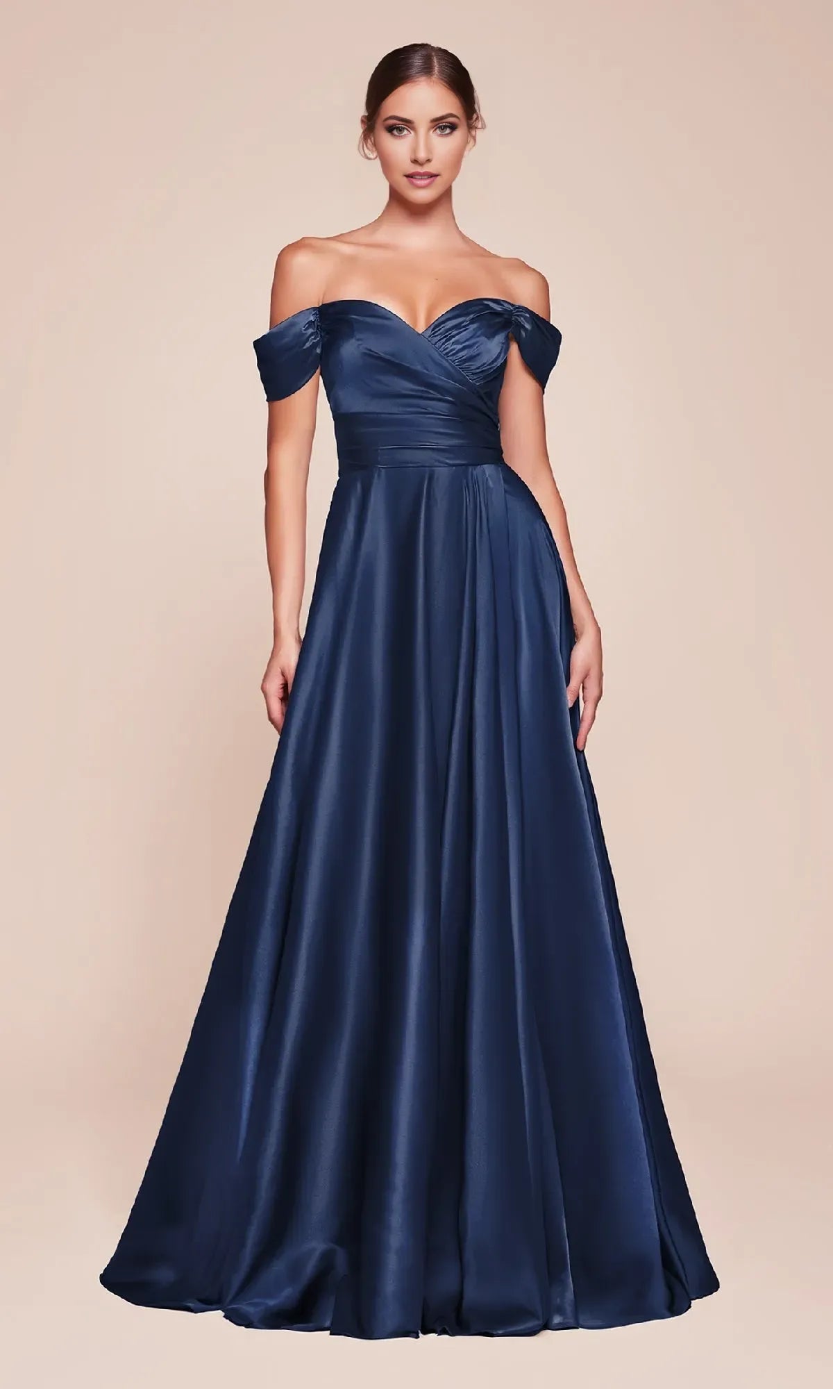 Elegant A-Line Off-Shoulder Sleeveless Back Zipper Ruched Bodice Floor Length Satin Prom Dress