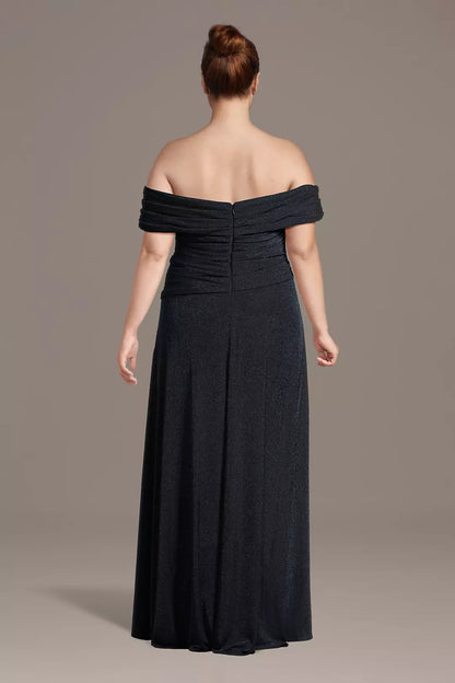 Elegant A-Line Off-Shoulder Sleeveless Bodice Zip-Back Floor-Length Plus Size Mother of the Bride Dress