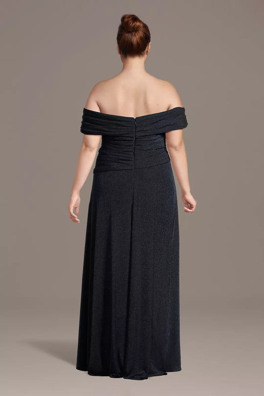Elegant A-Line Off-Shoulder Sleeveless Bodice Zip-Back Floor-Length Plus Size Mother of the Bride Dress