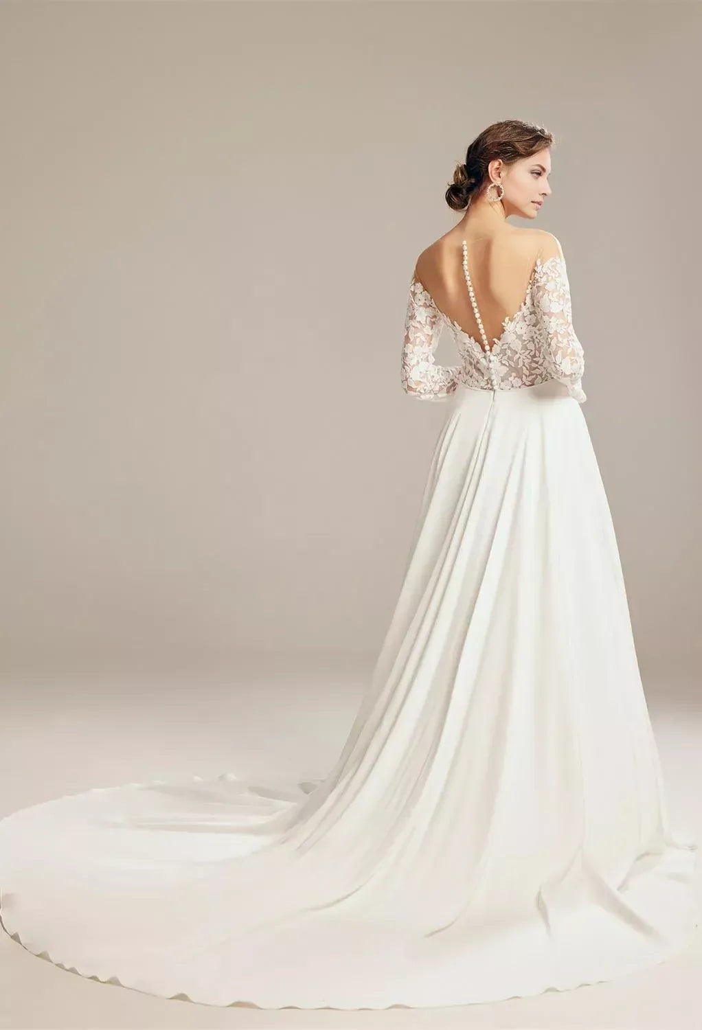 Elegant A-Line Off-the-Shoulder Lace-Sleeve Pearl Back Floor Length Tulle Wedding Dresses