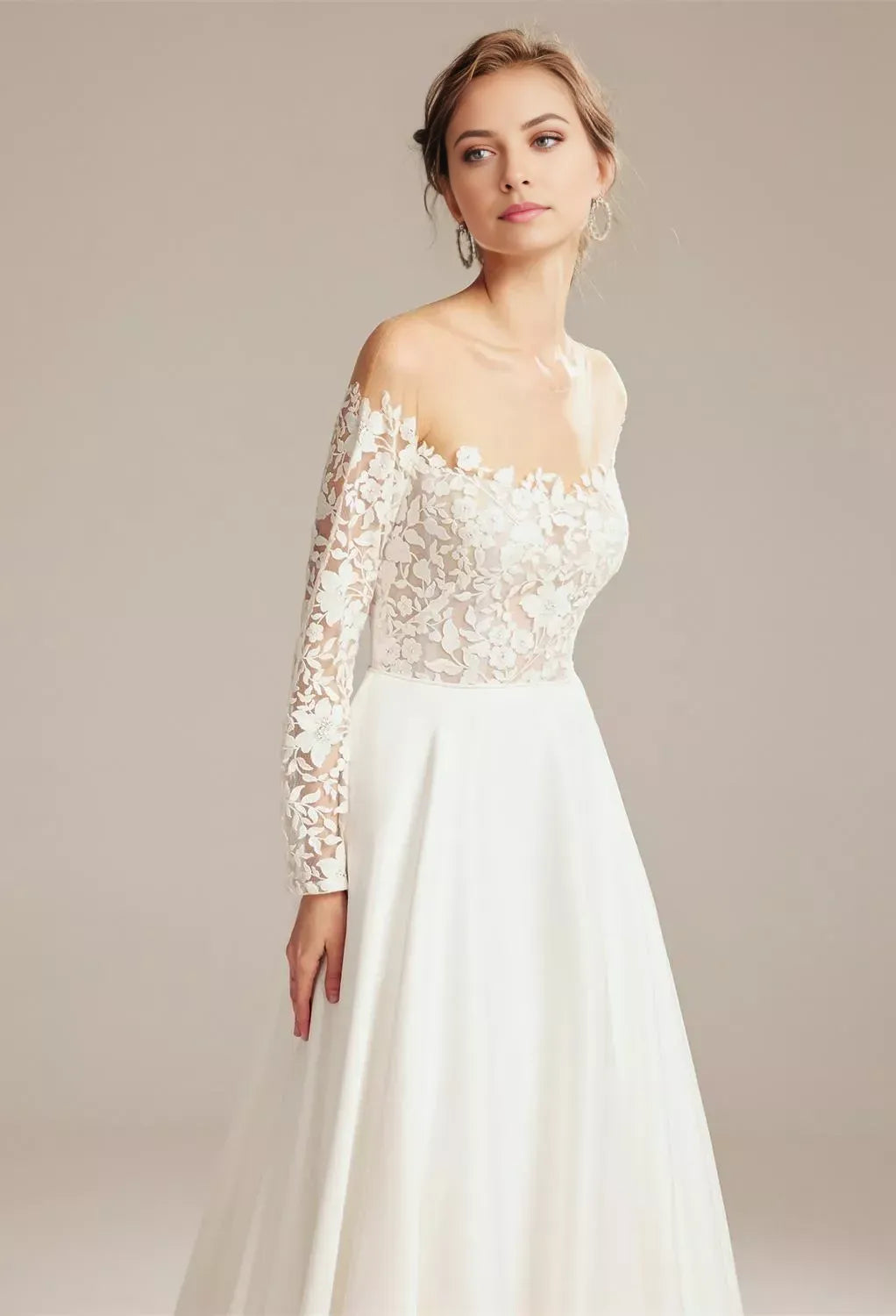 Elegant A-Line Off-the-Shoulder Lace-Sleeve Pearl Back Floor Length Tulle Wedding Dresses