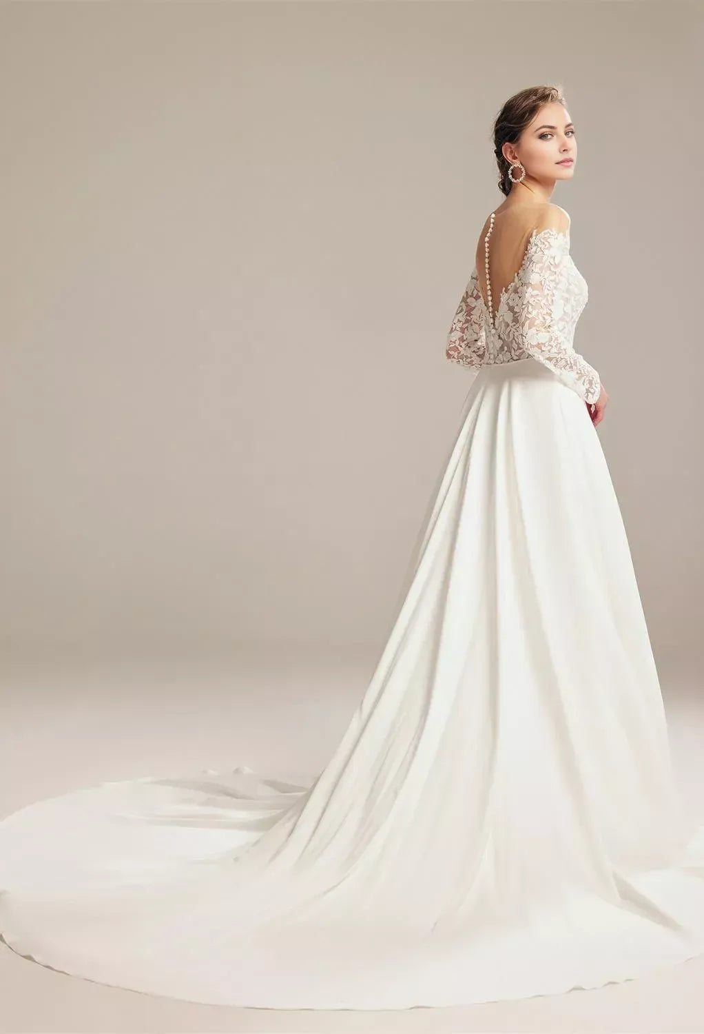 Elegant A-Line Off-the-Shoulder Lace-Sleeve Pearl Back Floor Length Tulle Wedding Dresses