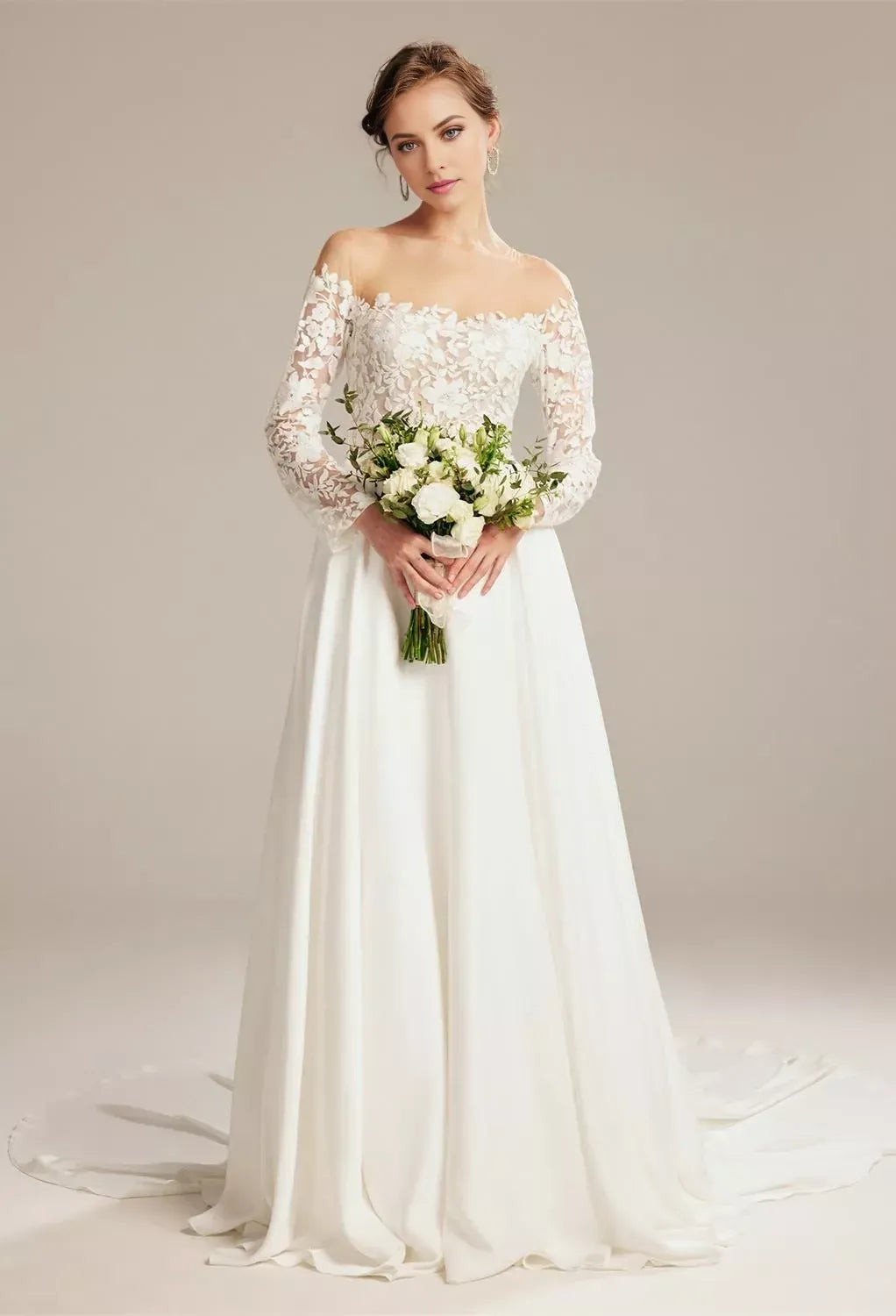 Elegant A-Line Off-the-Shoulder Lace-Sleeve Pearl Back Floor Length Tulle Wedding Dresses