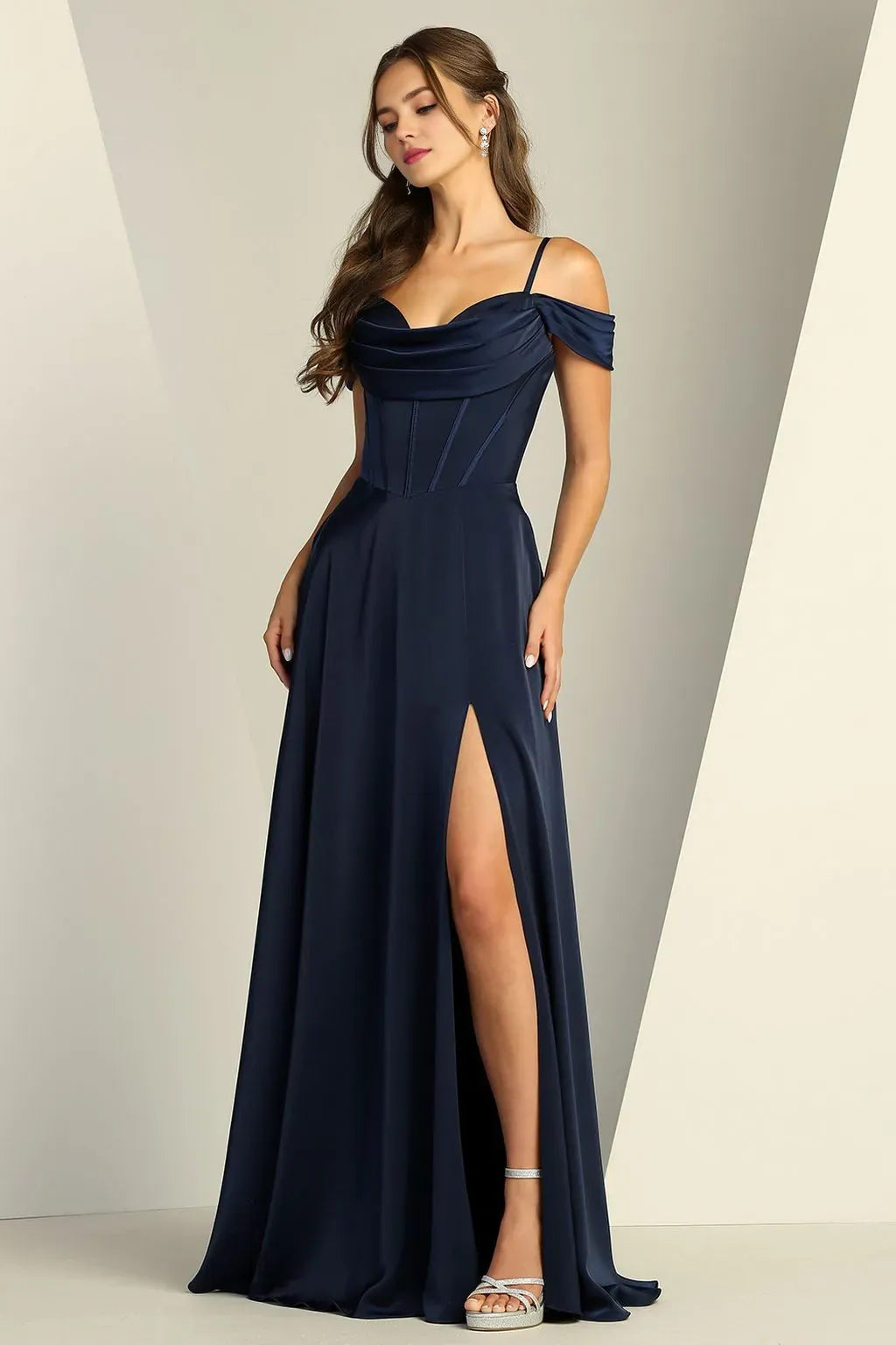Elegant A-Line Off-the-Shoulder Sleeveless Lace-Up Back Black Floor-Length Satin Prom Dress with High Slit
