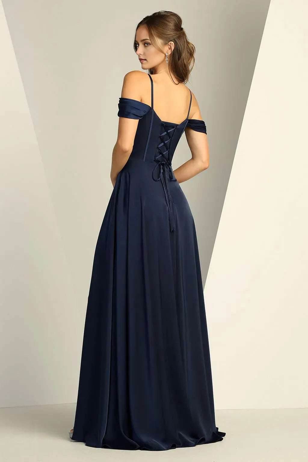 Elegant A-Line Off-the-Shoulder Sleeveless Lace-Up Back Black Floor-Length Satin Prom Dress with High Slit