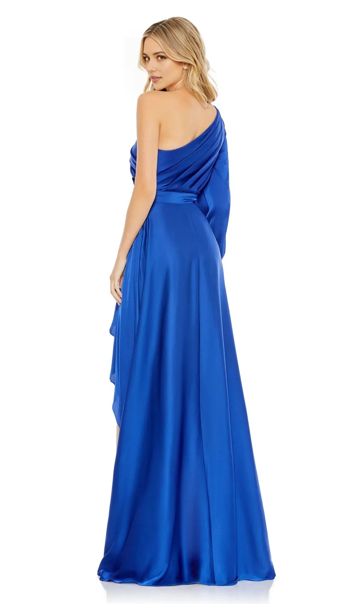 Elegant Royal Blue A-Line One-Shoulder Long Sleeve Ruffled High-Low Satin Prom Dresses Hot sale for women