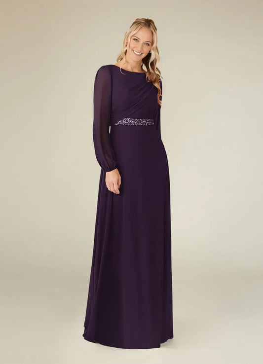 Elegant  A-Line Pleated Chiffon Boat neck Long Sleeves Back Zip Floor-Length Mother of the Bride Dress for women for sale