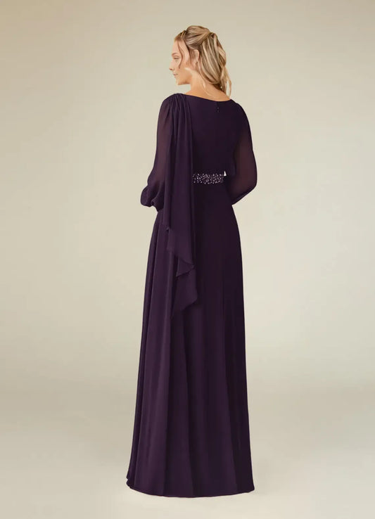Elegant  A-Line Pleated Chiffon Boat neck Long Sleeves Back Zip Floor-Length Mother of the Bride Dress for women for sale