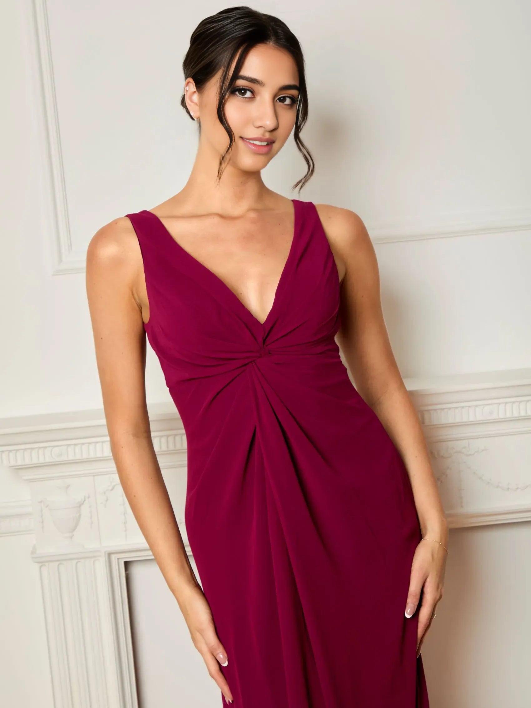 Elegant A-Line Plunging V-Neck Sleeveless Pleated Chiffon Back Zip High Side Slit Ankle-Length Prom Dresses