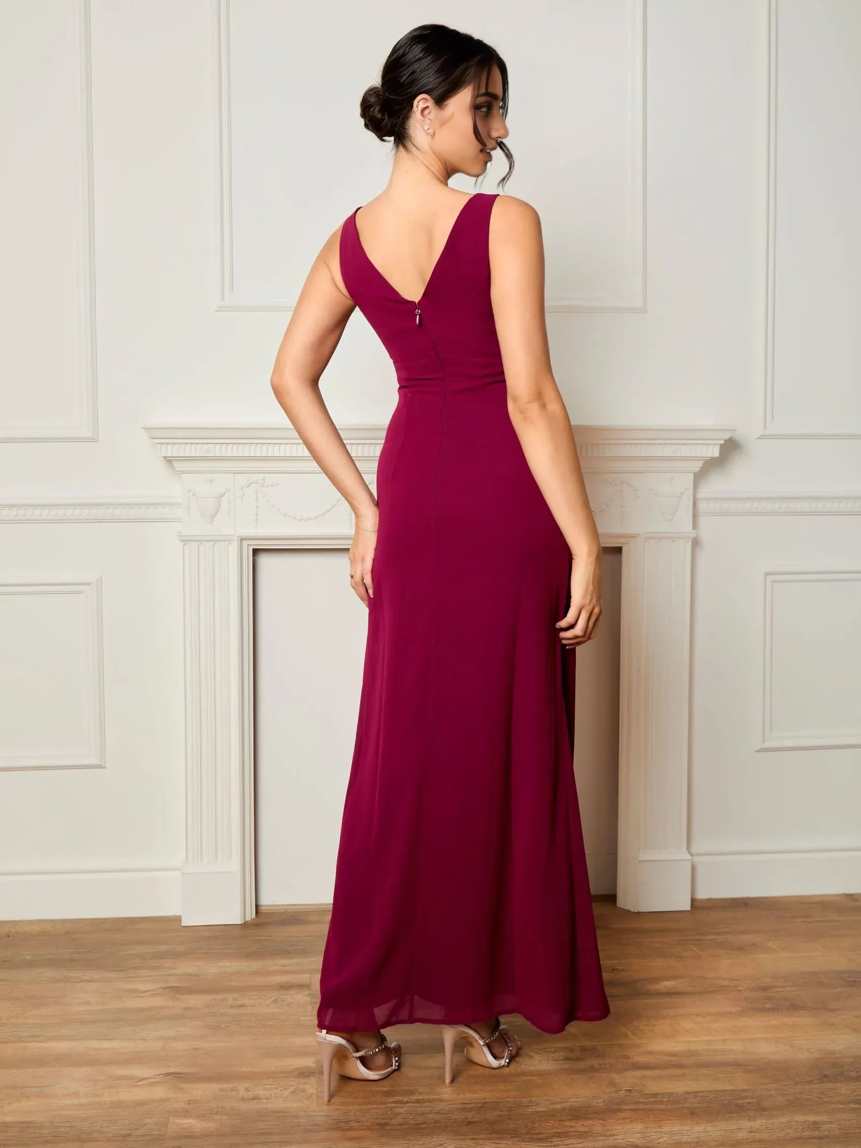 Elegant A-Line Plunging V-Neck Sleeveless Pleated Chiffon Back Zip High Side Slit Ankle-Length Prom Dresses