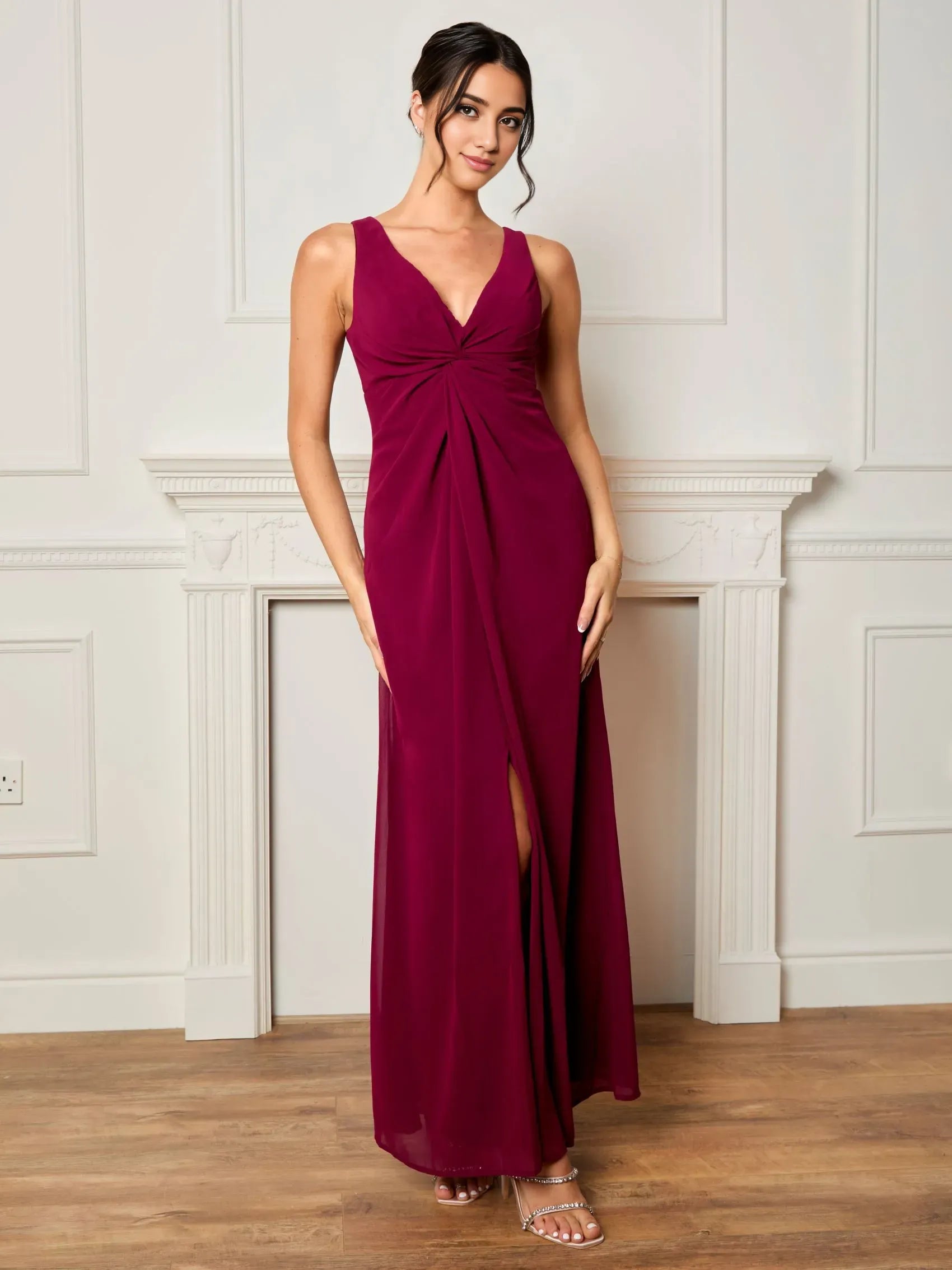 Elegant A-Line Plunging V-Neck Sleeveless Pleated Chiffon Back Zip High Side Slit Ankle-Length Prom Dresses