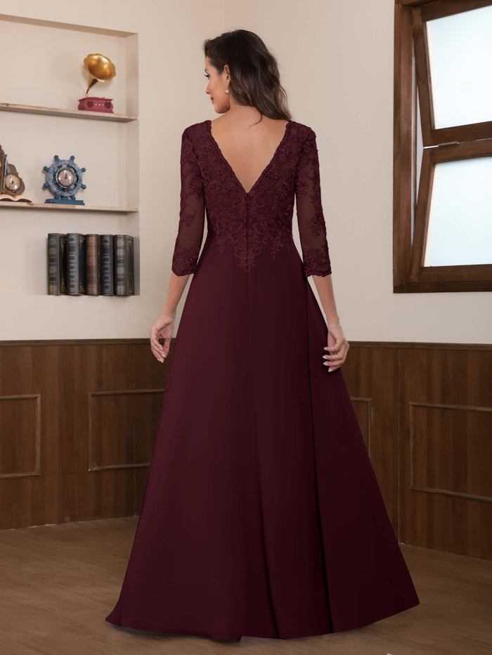 Elegant A-Line Round Neck Half-Sleeve V-Back Back Zip Floor-Length Mother of the Bride Dresses