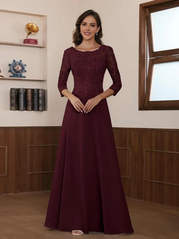 Elegant A-Line Round Neck Half-Sleeve V-Back Back Zip Floor-Length Mother of the Bride Dresses