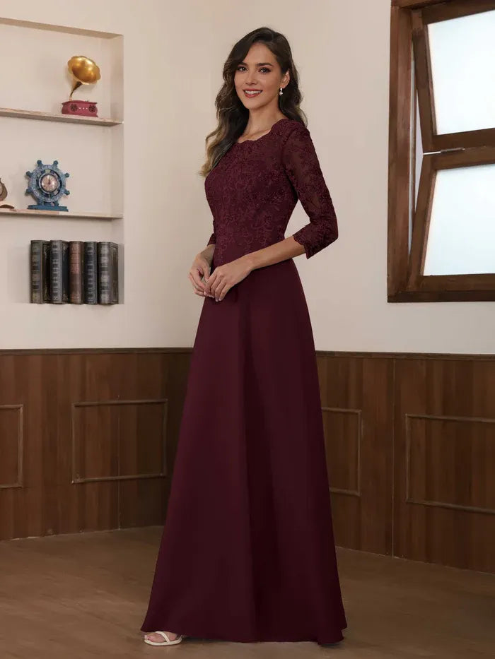 Elegant A-Line Round Neck Half-Sleeve V-Back Back Zip Floor-Length Mother of the Bride Dresses
