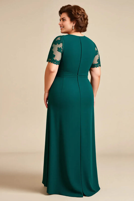 Elegant A-Line Round Neck Lace Appliqued Short Sleeve Back Zip High-Low Mother of the Bride Dress