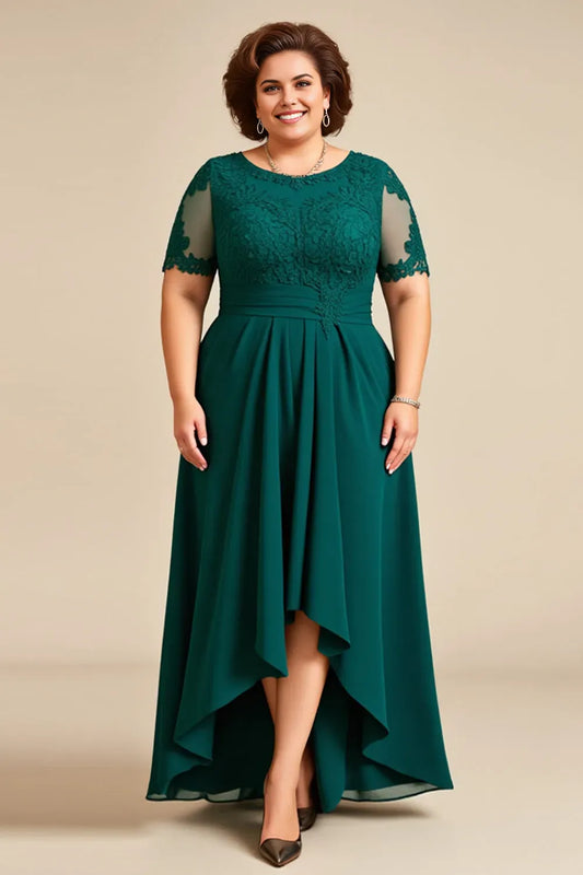 Elegant A-Line Round Neck Lace Appliqued Short Sleeve Back Zip High-Low Mother of the Bride Dress