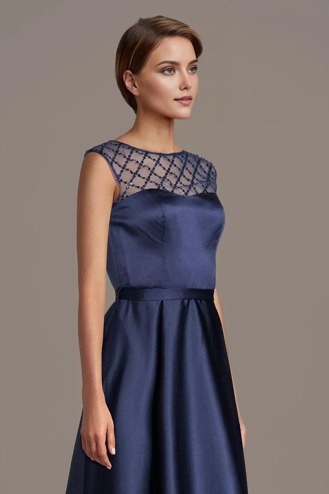 Elegant A-Line Round Neck Sheer Sleeve Grid Back High Low Mother of the Bride Dresses