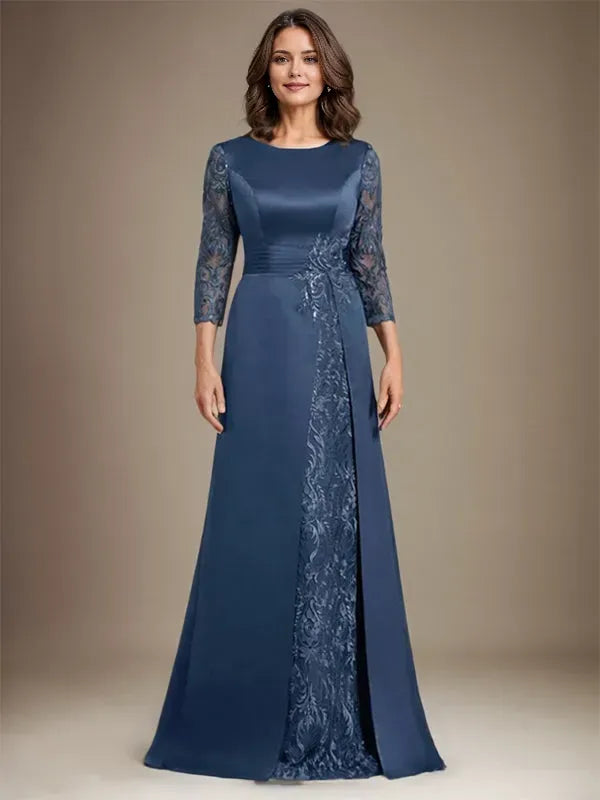 Elegant A-Line Scoop Neck 3/4 Sleeve Back Zip Lace Satin Floor Length Mother of the Bride Dresses With Applique
