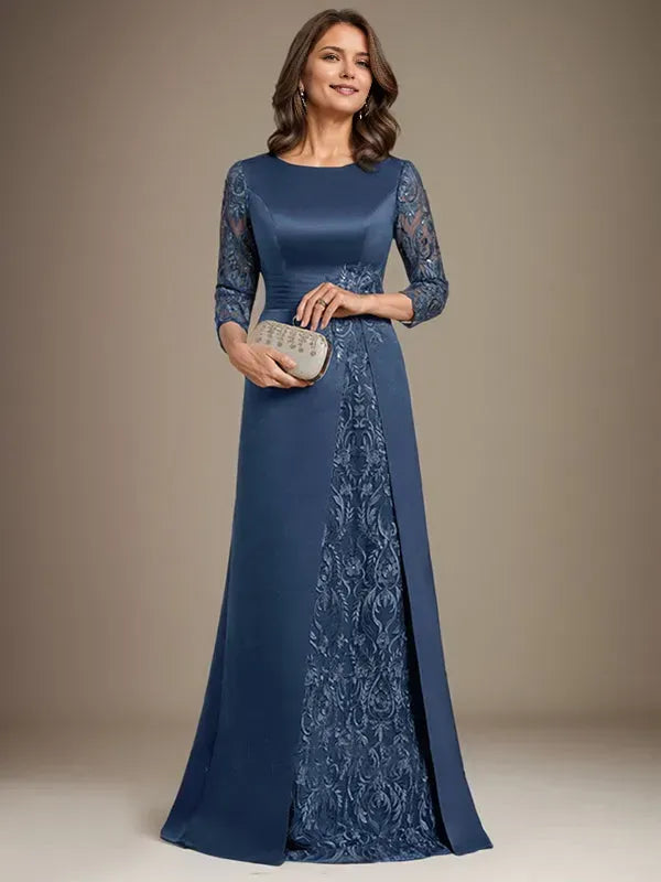 Elegant A-Line Scoop Neck 3/4 Sleeve Back Zip Lace Satin Floor Length Mother of the Bride Dresses With Applique