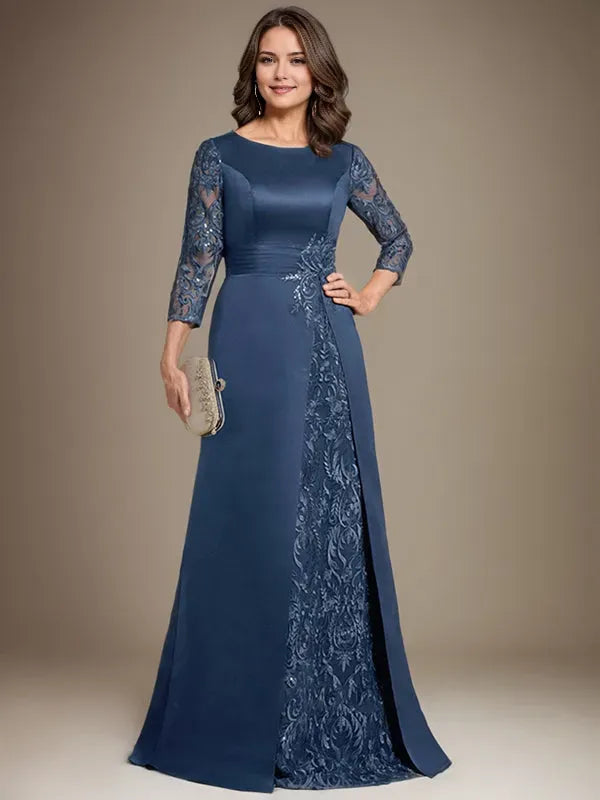 Elegant A-Line Scoop Neck 3/4 Sleeve Back Zip Lace Satin Floor Length Mother of the Bride Dresses With Applique
