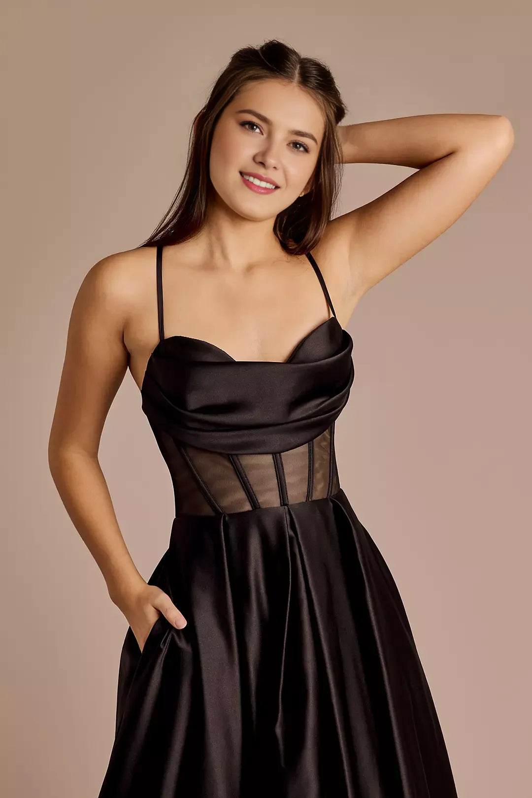 Elegant A-Line Spaghetti-Strap Sleeveless Draped Lace Up Crisscross Back Satin Floor-Length Prom Dresses