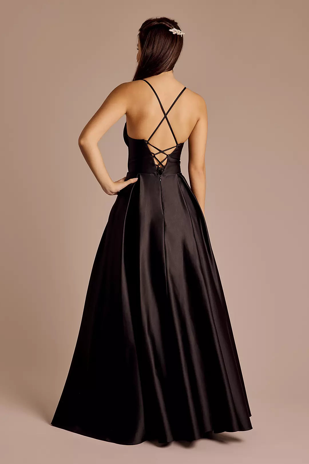 Elegant A-Line Spaghetti-Strap Sleeveless Draped Lace Up Crisscross Back Satin Floor-Length Prom Dresses