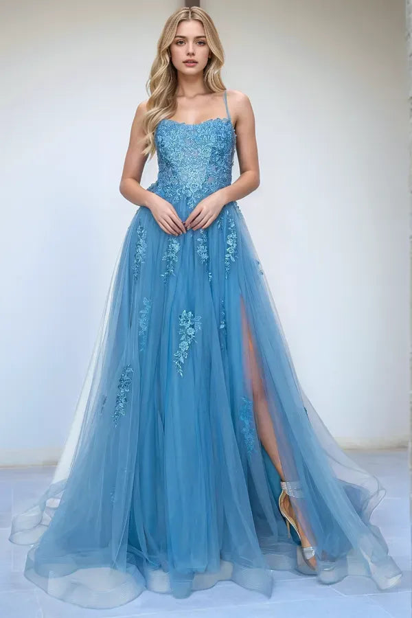 Elegant A-Line Spaghetti Strap Lace-Embroidered Tulle Criss-Cross Lace Up Appliques High Side Slit Prom Dress