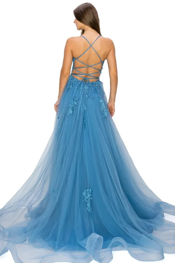 Elegant A-Line Spaghetti Strap Lace-Embroidered Tulle Criss-Cross Lace Up Appliques High Side Slit Prom Dress