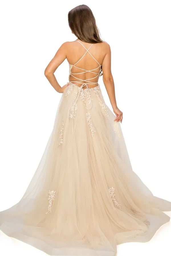 Elegant A-Line Spaghetti Strap Lace-Embroidered Tulle Criss-Cross Lace Up Appliques High Side Slit Prom Dress