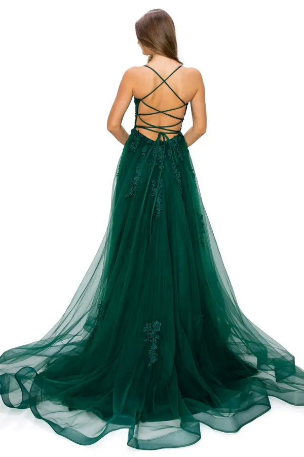 Elegant A-Line Spaghetti Strap Lace-Embroidered Tulle Criss-Cross Lace Up Appliques High Side Slit Prom Dress