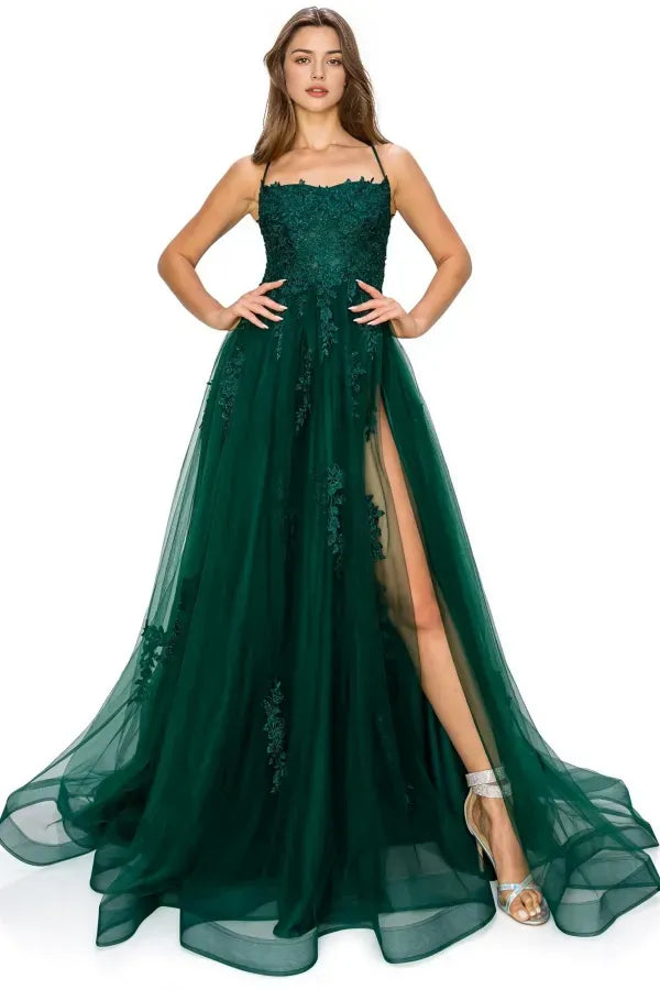 Elegant A-Line Spaghetti Strap Lace-Embroidered Tulle Criss-Cross Lace Up Appliques High Side Slit Prom Dress