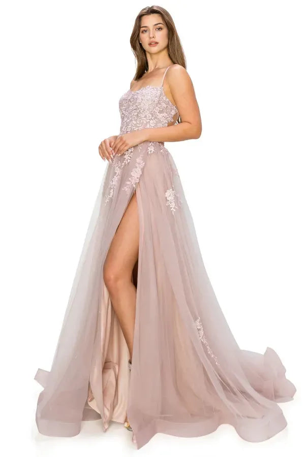Elegant A-Line Spaghetti Strap Lace-Embroidered Tulle Criss-Cross Lace Up Appliques High Side Slit Prom Dress